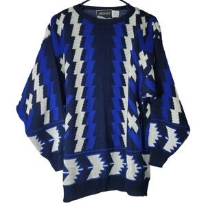 Vintage Design Pullover Sweater Size Medium Blue White Zig Zag Stripe Acrylic